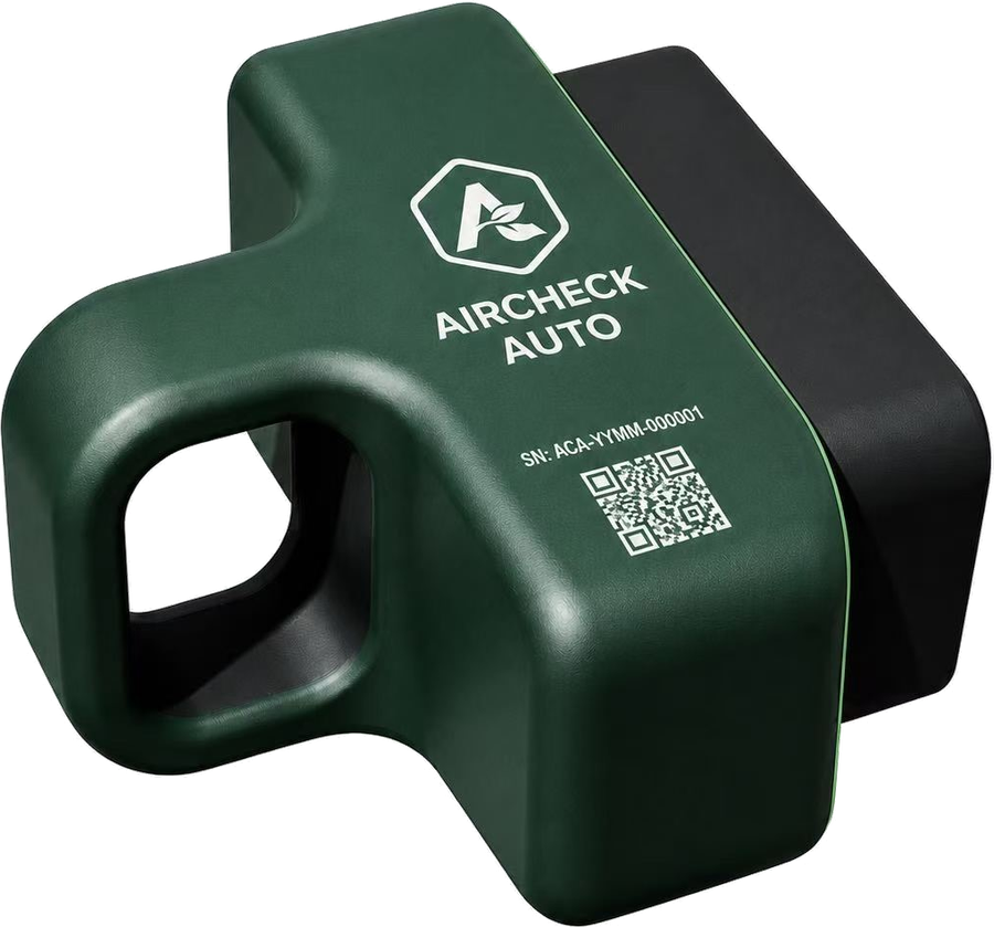 The AirCheck Auto testing device: a serialized green OBD-II module marked with the AirCheck Auto logo, a serial number, and a QR code.